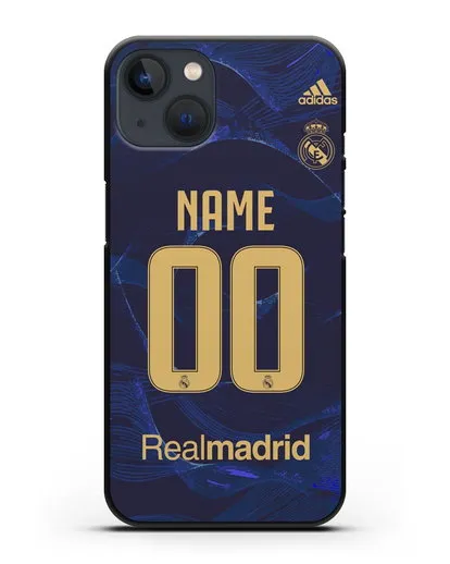 Именной чехол Реал Мадрид с фамилией и номером (сезон 2019-2020) синяя форма силиконовый для iPhone 13