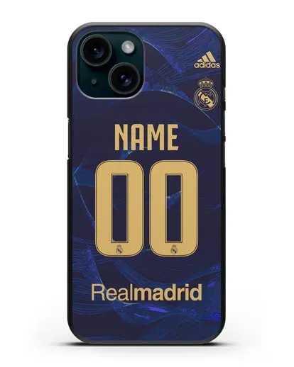 Именной чехол Реал Мадрид с фамилией и номером (сезон 2019-2020) синяя форма силиконовый для iPhone 15
