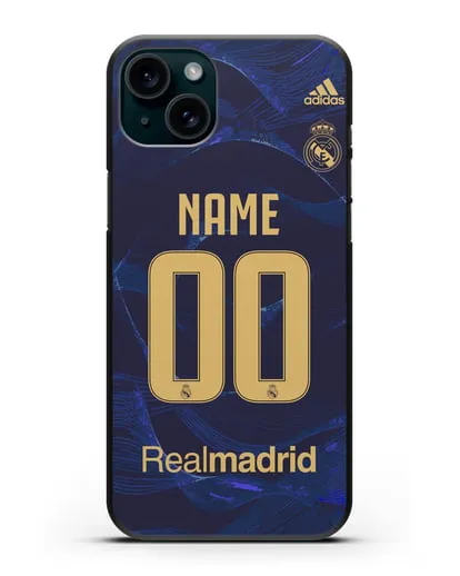 Именной чехол Реал Мадрид с фамилией и номером (сезон 2019-2020) синяя форма силиконовый для iPhone 15 Plus