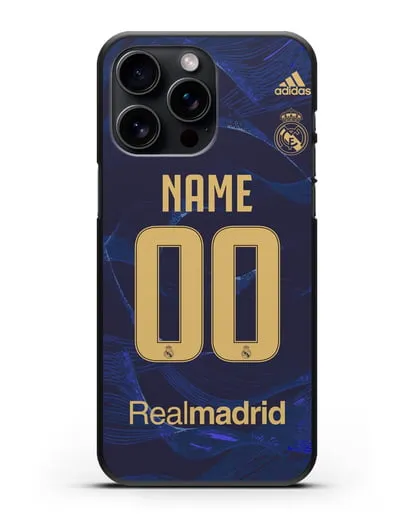 Именной чехол Реал Мадрид с фамилией и номером (сезон 2019-2020) синяя форма силиконовый для iPhone 15 Pro Max