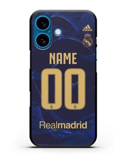 Именной чехол Реал Мадрид с фамилией и номером (сезон 2019-2020) синяя форма силиконовый для iPhone 16