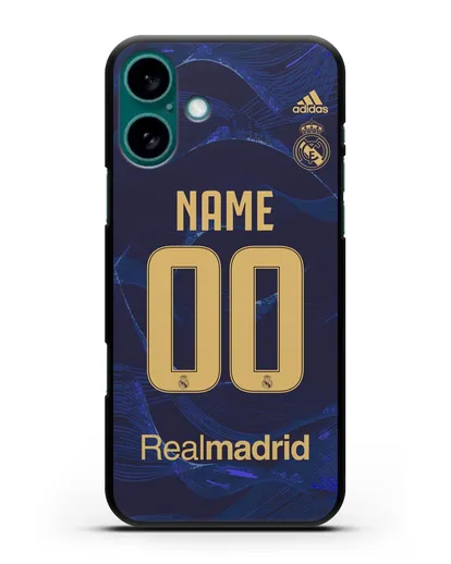 Именной чехол Реал Мадрид с фамилией и номером (сезон 2019-2020) синяя форма силиконовый для iPhone 16 Plus