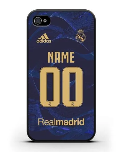 Именной чехол Реал Мадрид с фамилией и номером (сезон 2019-2020) синяя форма силиконовый для iPhone 4/4s