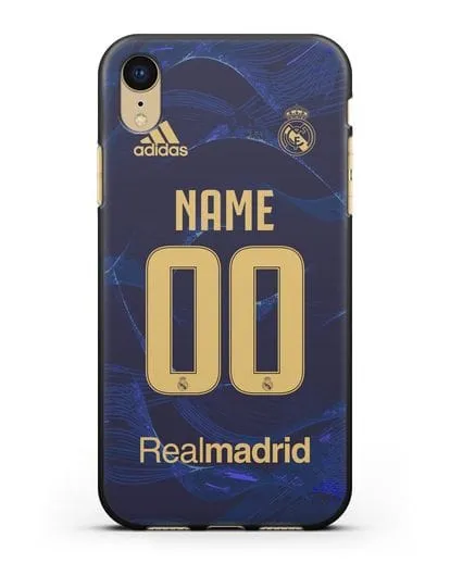 Именной чехол Реал Мадрид с фамилией и номером (сезон 2019-2020) синяя форма силиконовый для iPhone XR