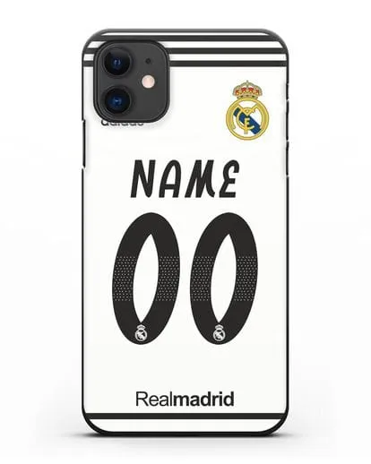 Именной чехол Реал Мадрид с фамилией и номером (сезон 2018-2019) белая форма силиконовый для iPhone 11