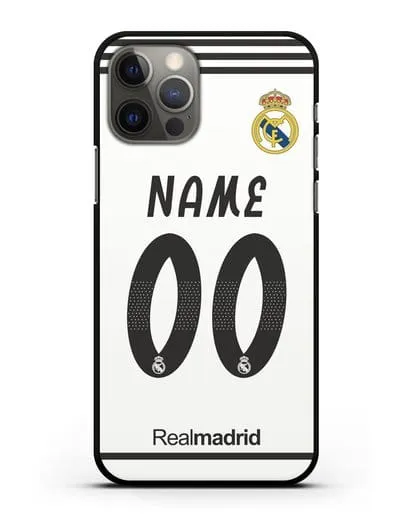 Именной чехол Реал Мадрид с фамилией и номером (сезон 2018-2019) белая форма силиконовый для iPhone 12 Pro