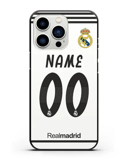 Именной чехол Реал Мадрид с фамилией и номером (сезон 2018-2019) белая форма силиконовый для iPhone 13 Pro