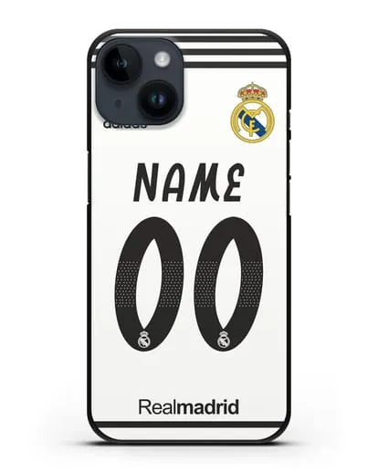 Именной чехол Реал Мадрид с фамилией и номером (сезон 2018-2019) белая форма силиконовый для iPhone 14