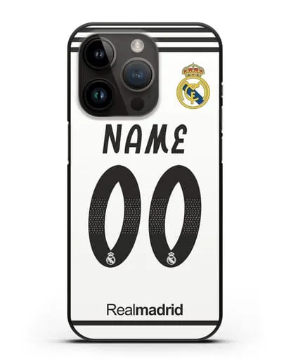 Именной чехол Реал Мадрид с фамилией и номером (сезон 2018-2019) белая форма силиконовый для iPhone 14 Pro