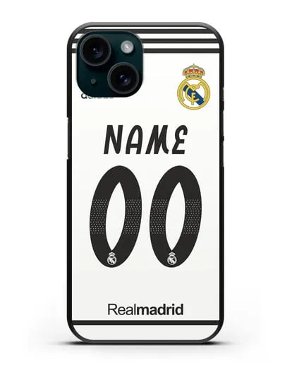 Именной чехол Реал Мадрид с фамилией и номером (сезон 2018-2019) белая форма силиконовый для iPhone 15