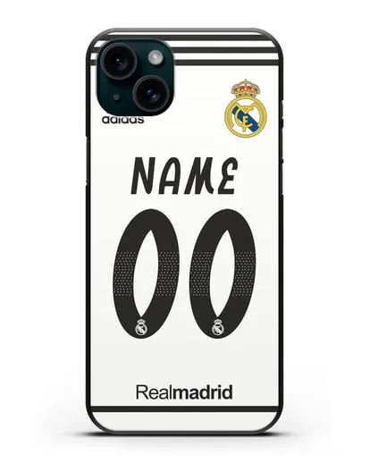 Именной чехол Реал Мадрид с фамилией и номером (сезон 2018-2019) белая форма силиконовый для iPhone 15 Plus