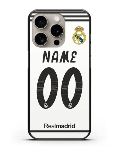 Именной чехол Реал Мадрид с фамилией и номером (сезон 2018-2019) белая форма силиконовый для iPhone 15 Pro