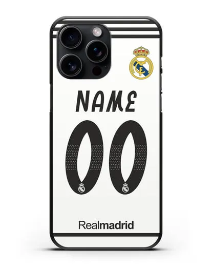 Именной чехол Реал Мадрид с фамилией и номером (сезон 2018-2019) белая форма силиконовый для iPhone 15 Pro Max
