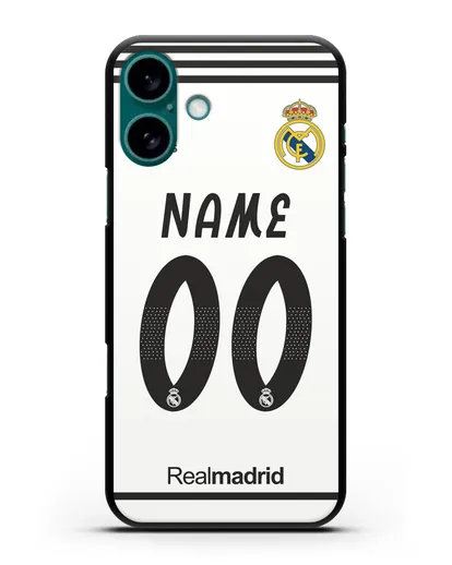 Именной чехол Реал Мадрид с фамилией и номером (сезон 2018-2019) белая форма силиконовый для iPhone 16 Plus