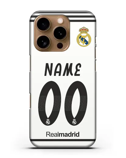 Именной чехол Реал Мадрид с фамилией и номером (сезон 2018-2019) белая форма силиконовый для iPhone 16 Pro
