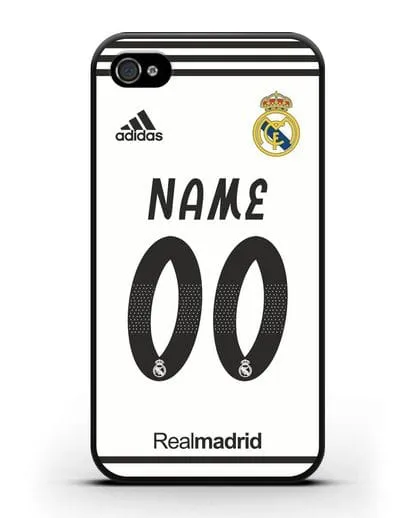 Именной чехол Реал Мадрид с фамилией и номером (сезон 2018-2019) белая форма силиконовый для iPhone 4/4s