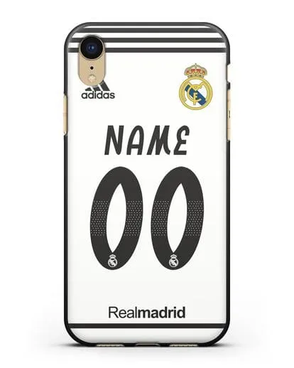 Именной чехол Реал Мадрид с фамилией и номером (сезон 2018-2019) белая форма силиконовый для iPhone XR