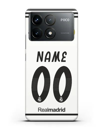 Именной чехол Реал Мадрид с фамилией и номером (сезон 2018-2019) белая форма силиконовый для Xiaomi Poco F6 Pro