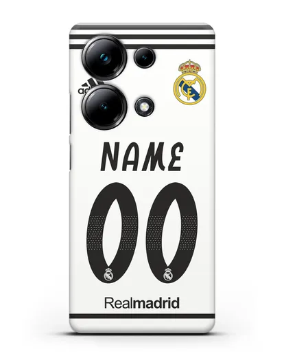 Именной чехол Реал Мадрид с фамилией и номером (сезон 2018-2019) белая форма силиконовый для Xiaomi Poco M6 Pro