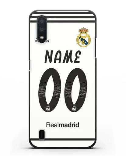 Именной чехол Реал Мадрид с фамилией и номером (сезон 2018-2019) белая форма силиконовый для Samsung Galaxy A01 [SM-A015F]