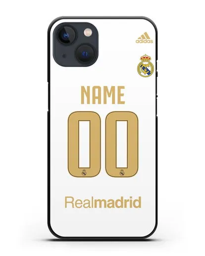 Именной чехол Реал Мадрид с фамилией и номером (сезон 2019-2020) белая форма силиконовый для iPhone 13