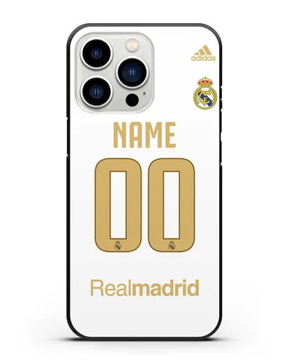Именной чехол Реал Мадрид с фамилией и номером (сезон 2019-2020) белая форма силиконовый для iPhone 13 Pro