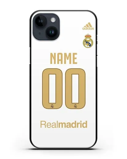Именной чехол Реал Мадрид с фамилией и номером (сезон 2019-2020) белая форма силиконовый для iPhone 14 Plus
