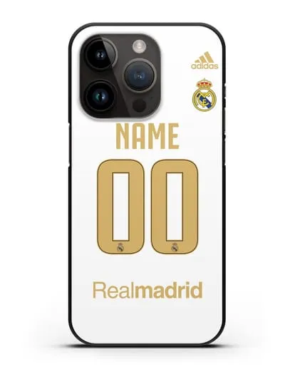 Именной чехол Реал Мадрид с фамилией и номером (сезон 2019-2020) белая форма силиконовый для iPhone 14 Pro