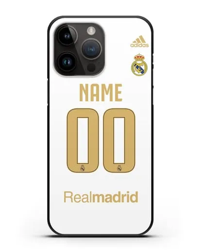 Именной чехол Реал Мадрид с фамилией и номером (сезон 2019-2020) белая форма силиконовый для iPhone 14 Pro Max