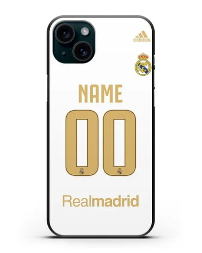 Именной чехол Реал Мадрид с фамилией и номером (сезон 2019-2020) белая форма силиконовый для iPhone 15 Plus