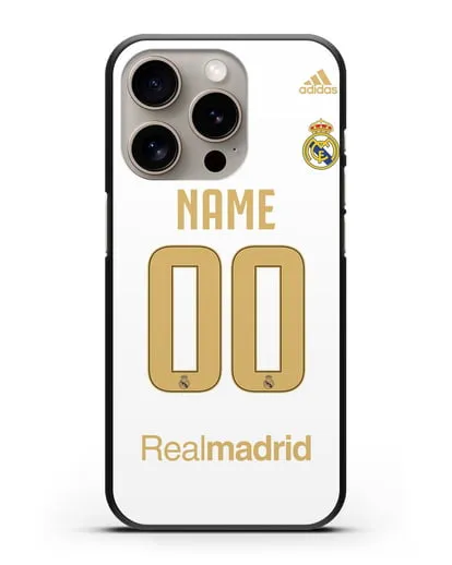 Именной чехол Реал Мадрид с фамилией и номером (сезон 2019-2020) белая форма силиконовый для iPhone 15 Pro