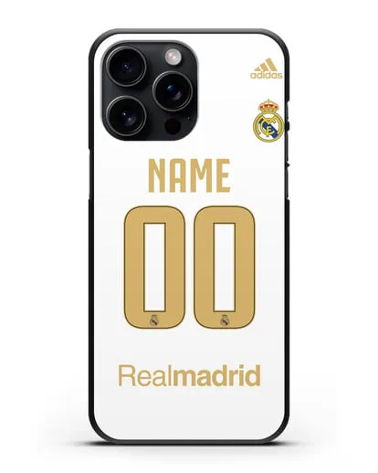 Именной чехол Реал Мадрид с фамилией и номером (сезон 2019-2020) белая форма силиконовый для iPhone 15 Pro Max