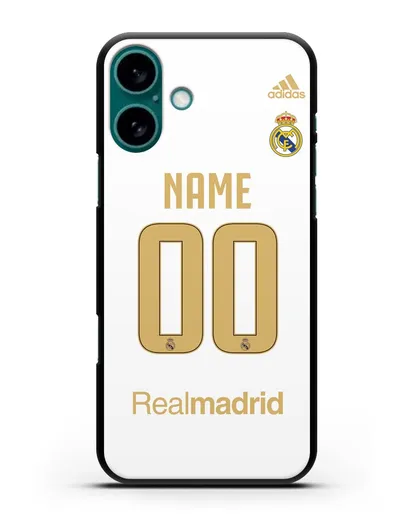 Именной чехол Реал Мадрид с фамилией и номером (сезон 2019-2020) белая форма силиконовый для iPhone 16 Plus