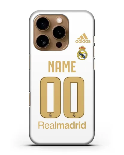 Именной чехол Реал Мадрид с фамилией и номером (сезон 2019-2020) белая форма силиконовый для iPhone 16 Pro