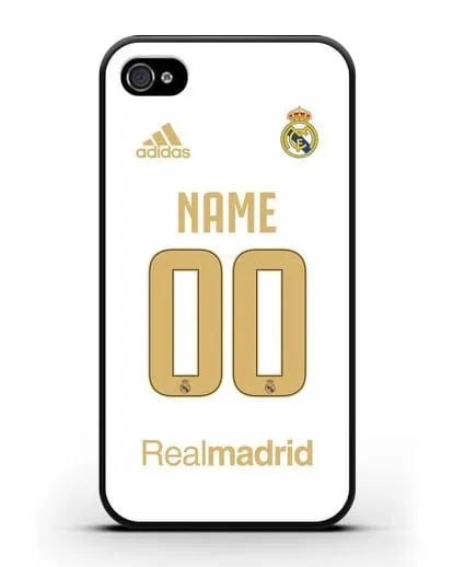 Именной чехол Реал Мадрид с фамилией и номером (сезон 2019-2020) белая форма силиконовый для iPhone 4/4s