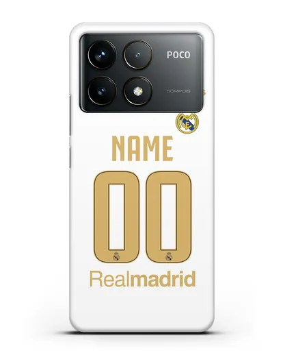 Именной чехол Реал Мадрид с фамилией и номером (сезон 2019-2020) белая форма силиконовый для Xiaomi Poco F6 Pro