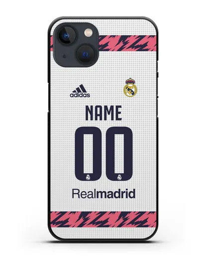 Именной чехол ФК Реал Мадрид с фамилией и номером (сезон 2020-2021) домашняя форма силиконовый для iPhone 13
