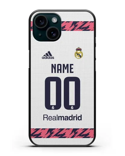 Именной чехол ФК Реал Мадрид с фамилией и номером (сезон 2020-2021) домашняя форма силиконовый для iPhone 15