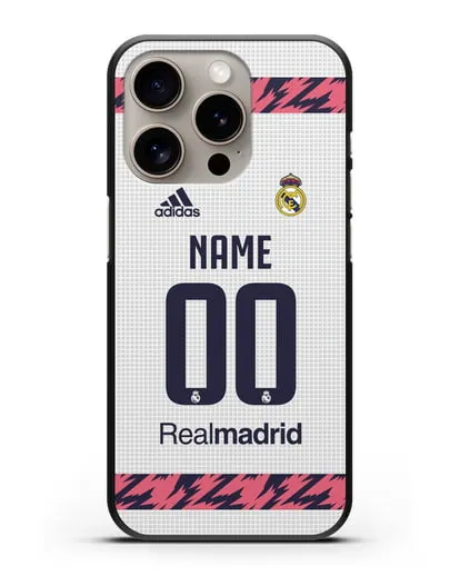Именной чехол ФК Реал Мадрид с фамилией и номером (сезон 2020-2021) домашняя форма силиконовый для iPhone 15 Pro