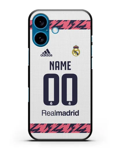 Именной чехол ФК Реал Мадрид с фамилией и номером (сезон 2020-2021) домашняя форма силиконовый для iPhone 16