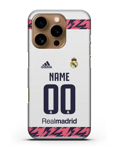 Именной чехол ФК Реал Мадрид с фамилией и номером (сезон 2020-2021) домашняя форма силиконовый для iPhone 16 Pro