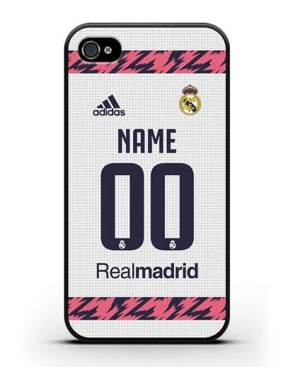 Именной чехол ФК Реал Мадрид с фамилией и номером (сезон 2020-2021) домашняя форма силиконовый для iPhone 4/4s