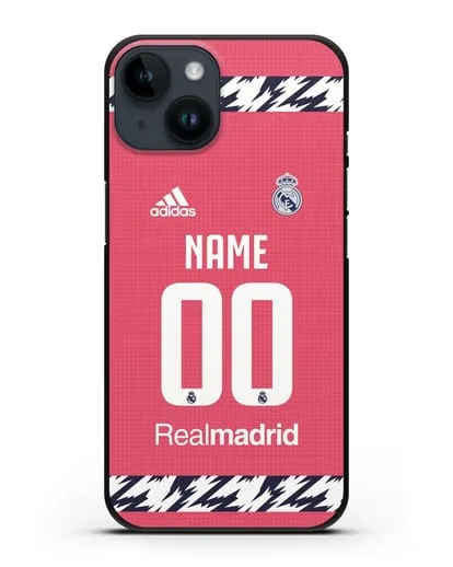 Именной чехол ФК Реал Мадрид с фамилией и номером (сезон 2020-2021) гостевая форма силиконовый для iPhone 14