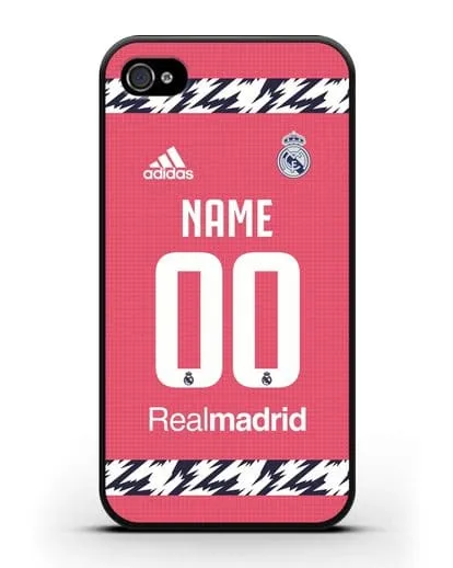 Именной чехол ФК Реал Мадрид с фамилией и номером (сезон 2020-2021) гостевая форма силиконовый для iPhone 4/4s