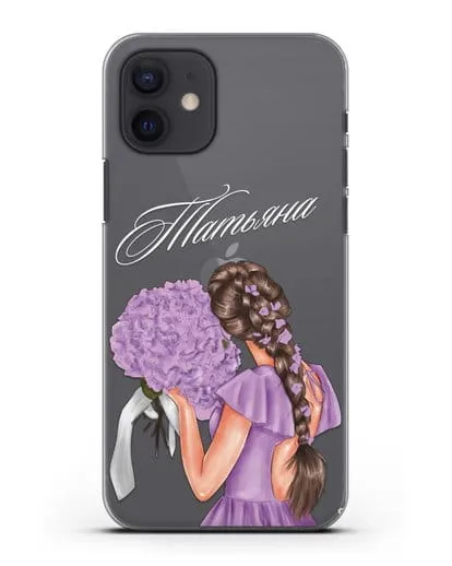 Именной чехол Девушка в сиреневом с букетом силиконовый для iPhone 12