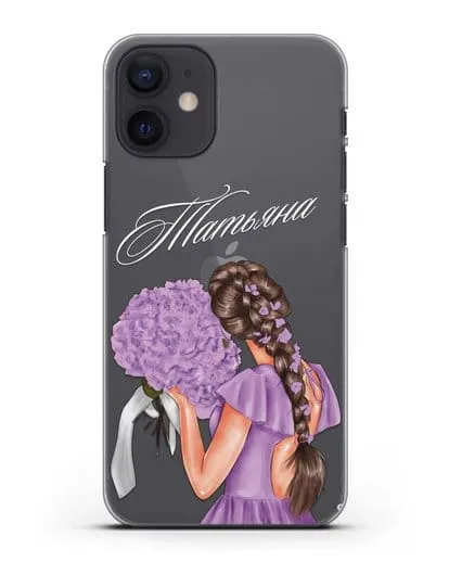 Именной чехол Девушка в сиреневом с букетом силиконовый для iPhone 12 mini