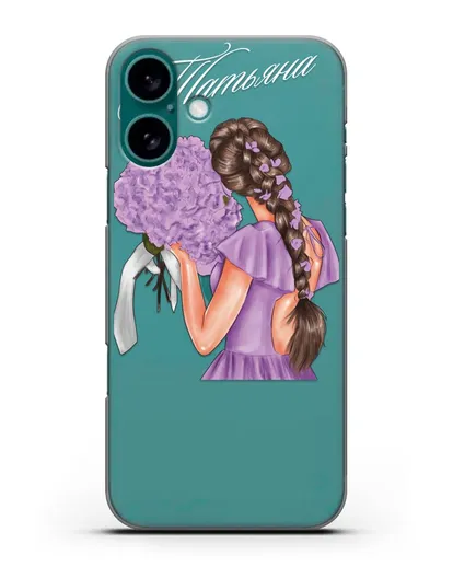 Именной чехол Девушка в сиреневом с букетом силиконовый для iPhone 16 Plus