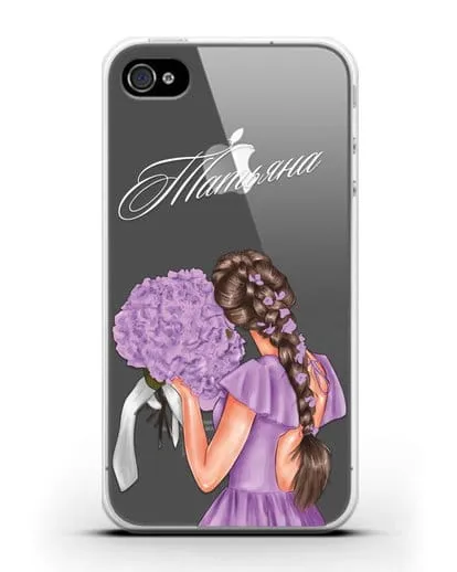 Именной чехол Девушка в сиреневом с букетом силиконовый для iPhone 4/4s