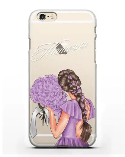 Именной чехол Девушка в сиреневом с букетом силиконовый для iPhone 6s