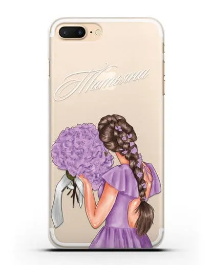 Именной чехол Девушка в сиреневом с букетом силиконовый для iPhone 8 Plus